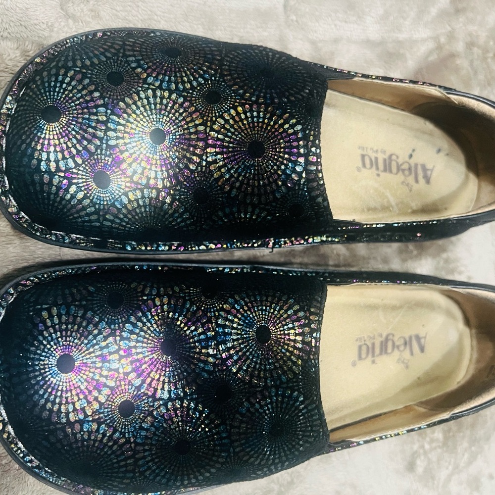 Alegria Black and Purple Patterned Mules